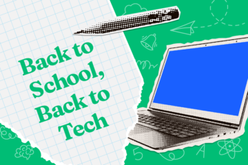 A stylized image of a computer with a ripped paper in front that reads "Back to School, Back to Tech"