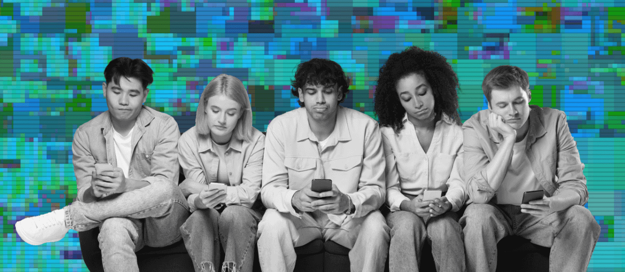 A group of teens glued to their phones with gloomy faces