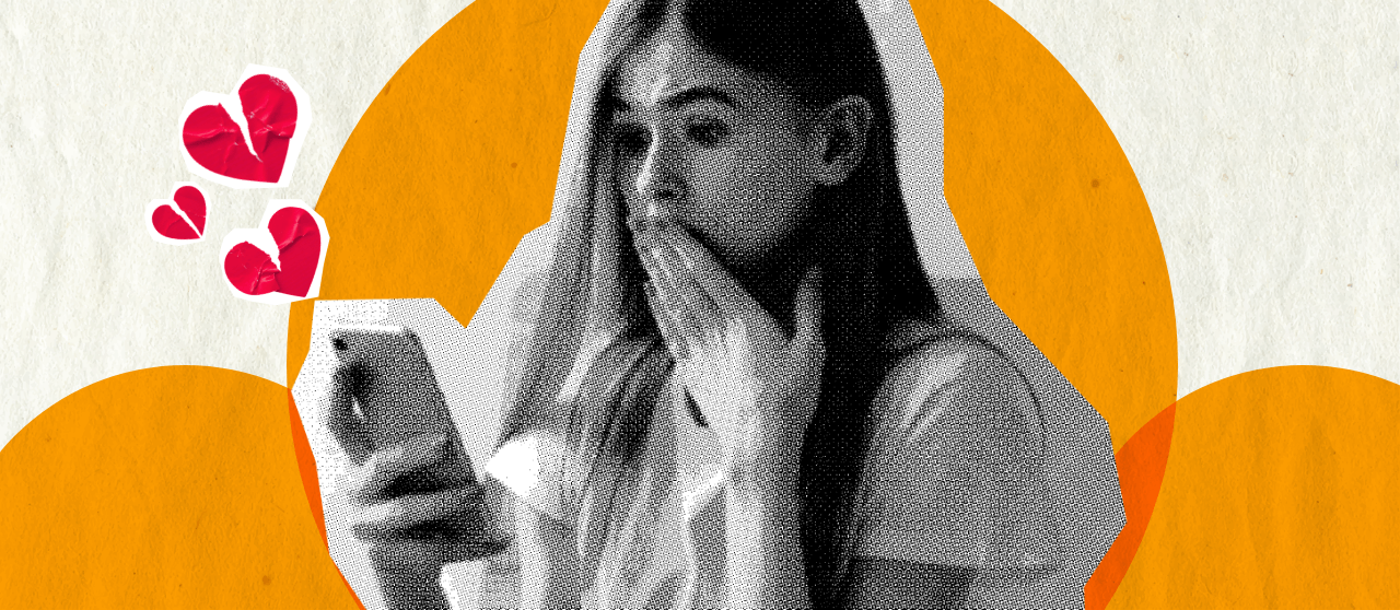 A stylized image of a young girl shocked while looking at a teen dating app