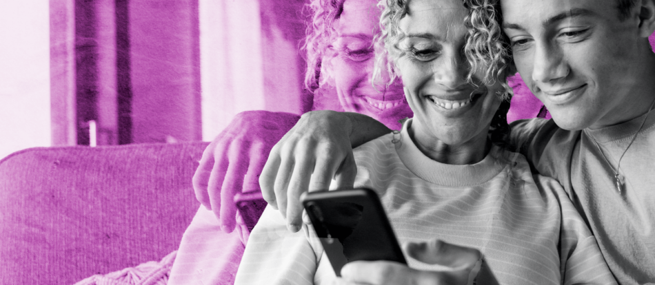 Stylized photo of son and mom looking at a phone.
