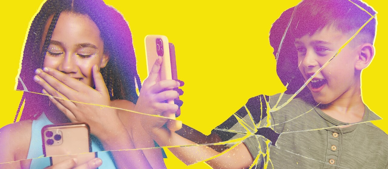 Two kids with phone with a broken glass filter overlay