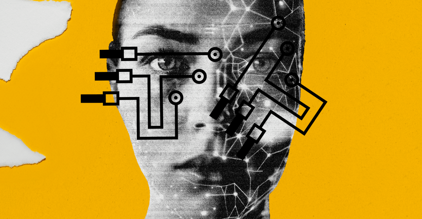 Women's photo with slightly transparent overlay of a motherboard to make her look robotic