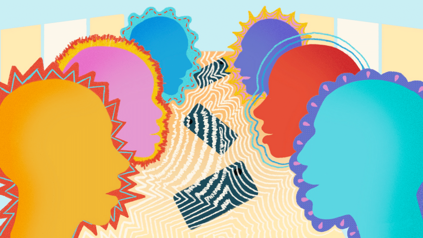 An illustration of silhouettes communications with phones in the middle