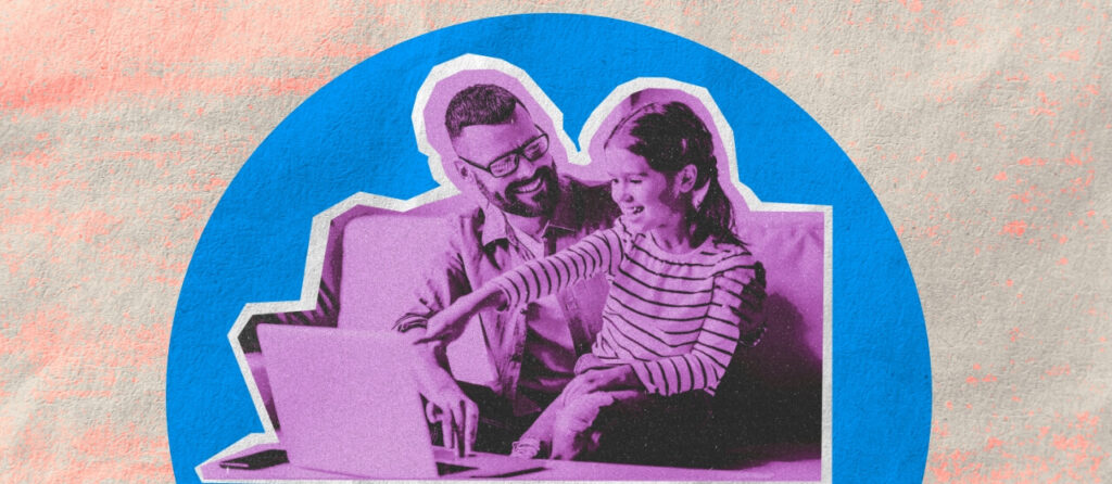 An illustration of a dad and a daughter looking on a laptop.