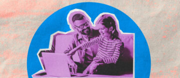 An illustration of a dad and a daughter looking on a laptop.