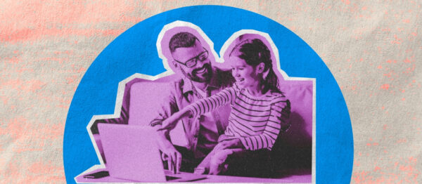 An illustration of a dad and a daughter looking on a laptop.