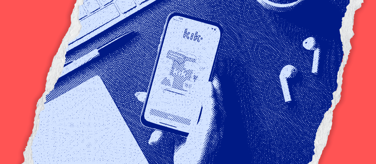 Stylized image of a hand holding a smartphone with the app "Kik" opened