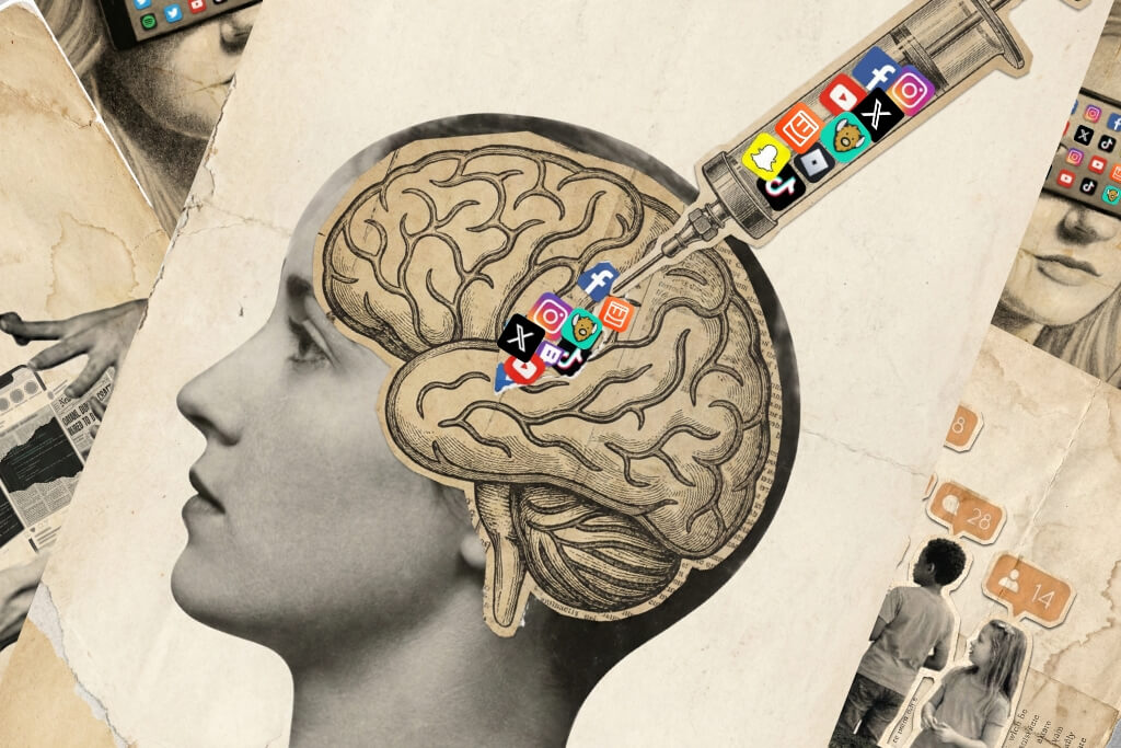 An illustration of apps getting injected into a brain.