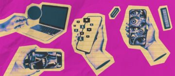 A collage of images of people holding phones or computers to get on social media