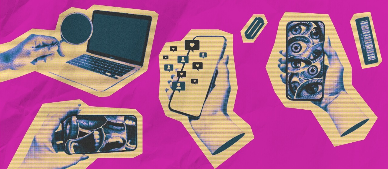 A collage of images of people holding phones or computers to get on social media