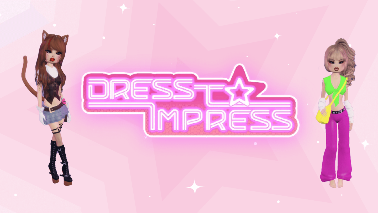 Dress to Impress logo with game's avatars on a pink background.