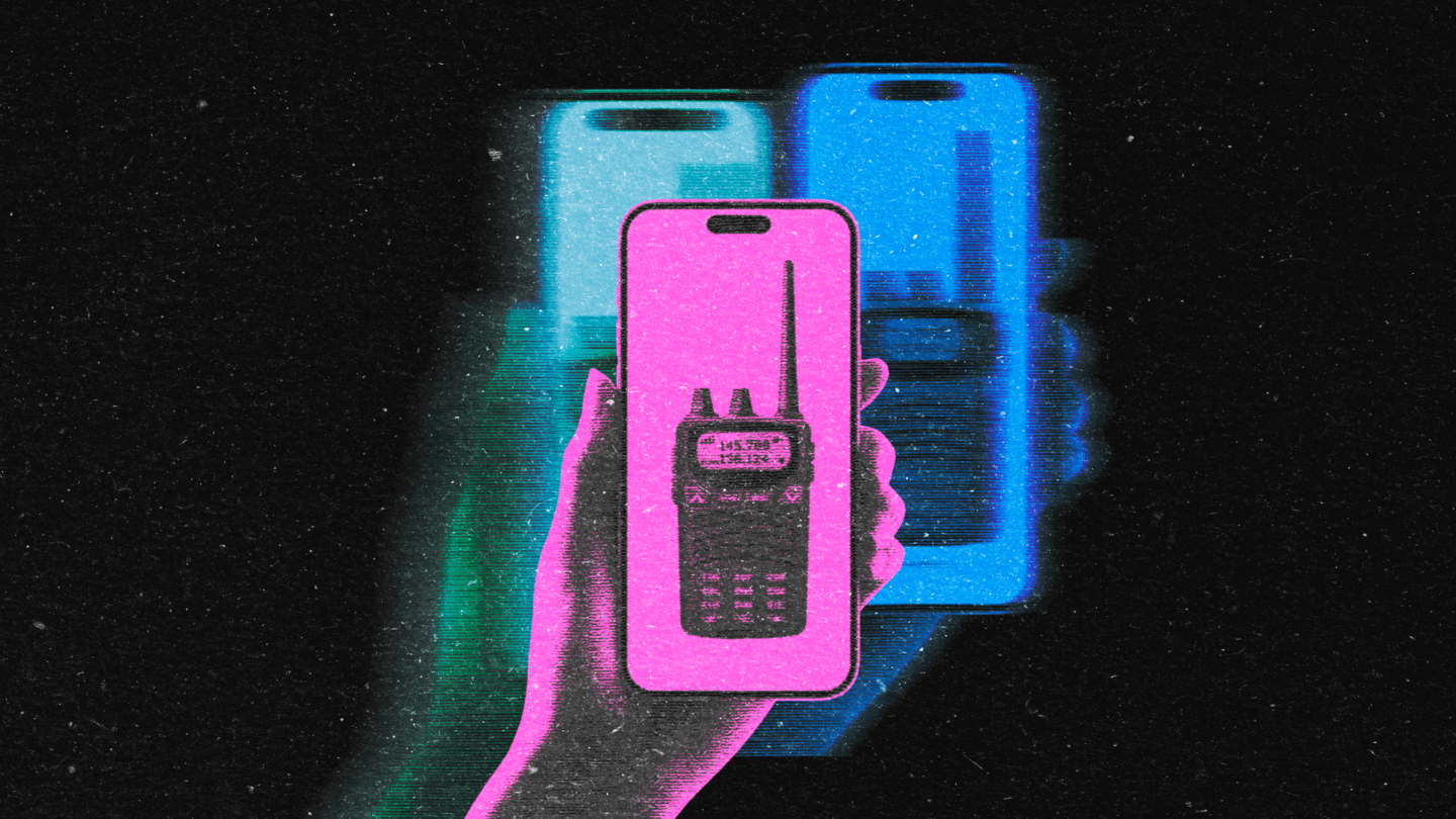 A hand holding a phone with an image of a Walkie-Talkie on it