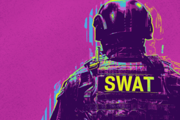 Image of the back of a SWAT office on a purple background