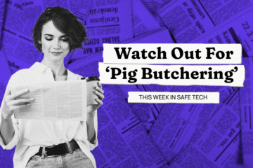Women with coffee reading a newspaper with a headline next to her that read "Watch Out for 'Pig Butchering'