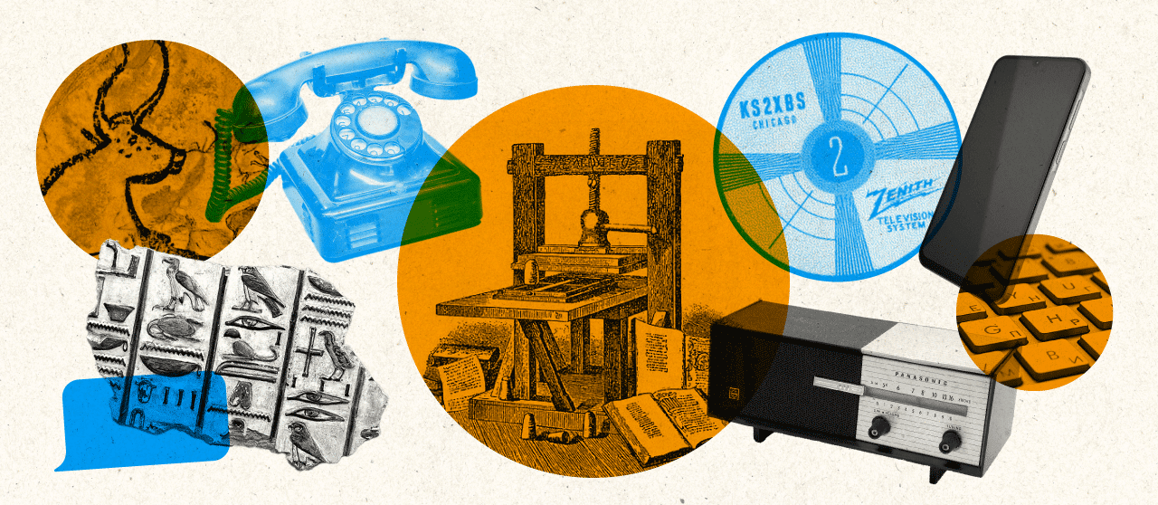 A collage of images showing the evolution of communication, including a printing press, a rotary phone, a radio, and a cell phone.