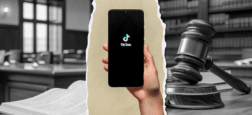 TikTok logo between an image of a courtroom and gavel.