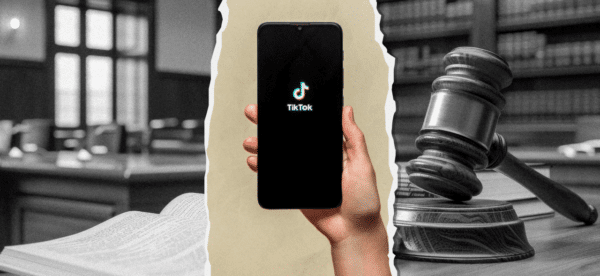 TikTok logo between an image of a courtroom and gavel.