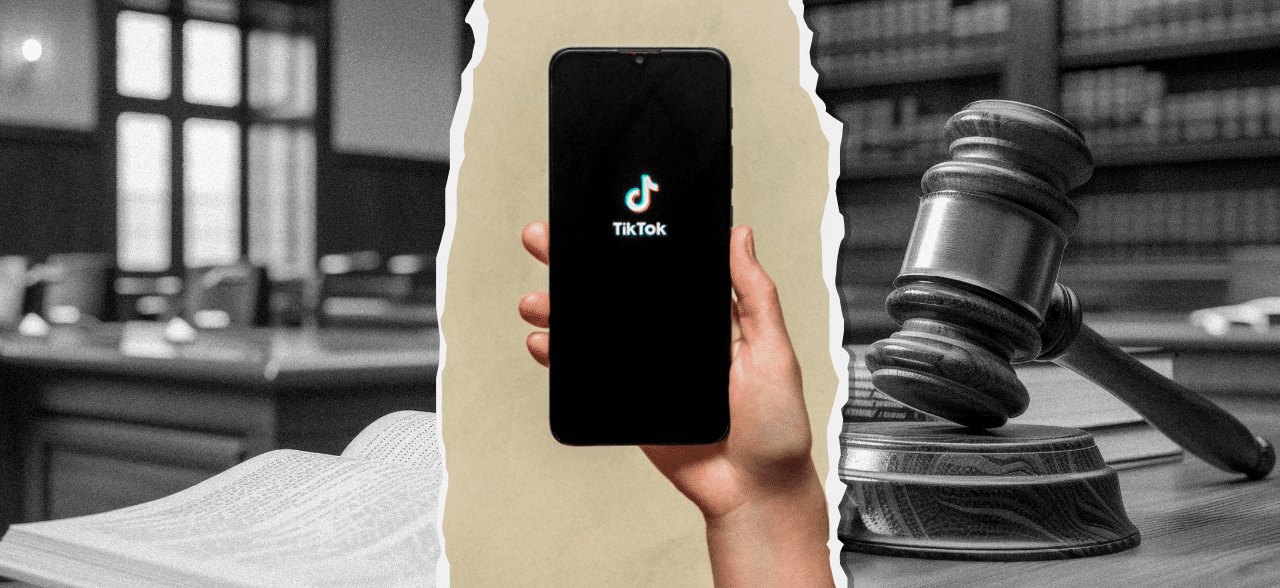 TikTok logo between an image of a courtroom and gavel.