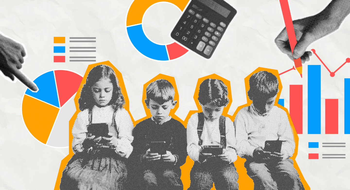 An image of a line of kids engrossed in phones