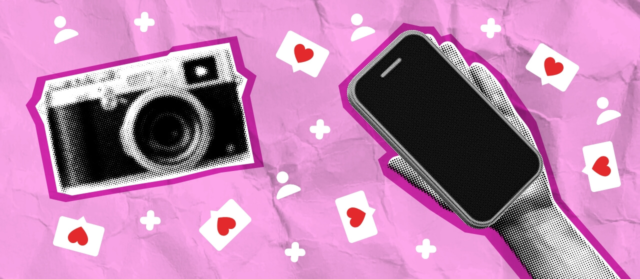 An image of a camera and a hand holding a phone with a pink background