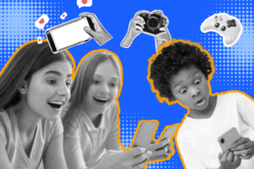 A stylized images of kids on phones and video games