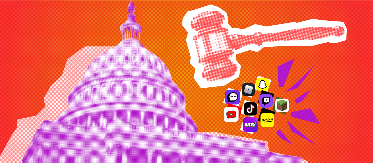 Stylized image of a court house and a gavel coming down on logos of social media companies
