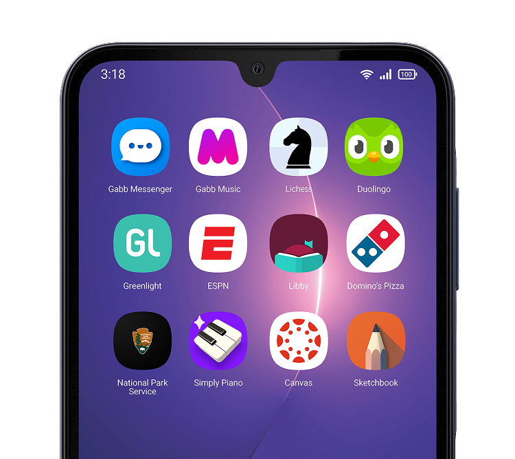 Close-up of the Gabb Phone 4 Pro screen displaying a variety of safe, parent-managed apps including Gabb Messenger, Gabb Music, Lichess, Duolingo, Greenlight, ESPN, Libby, and Domino’s. Text above reads ‘1000+ parent-managed apps,’ highlighting the customizable and controlled app experience for teens.