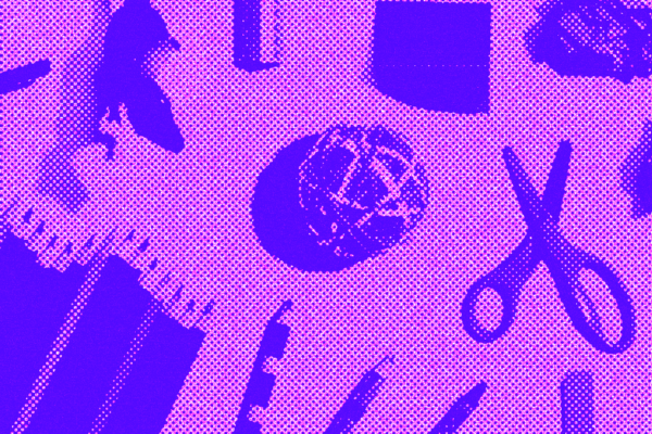 Purple hued image of carious crafts supplies.