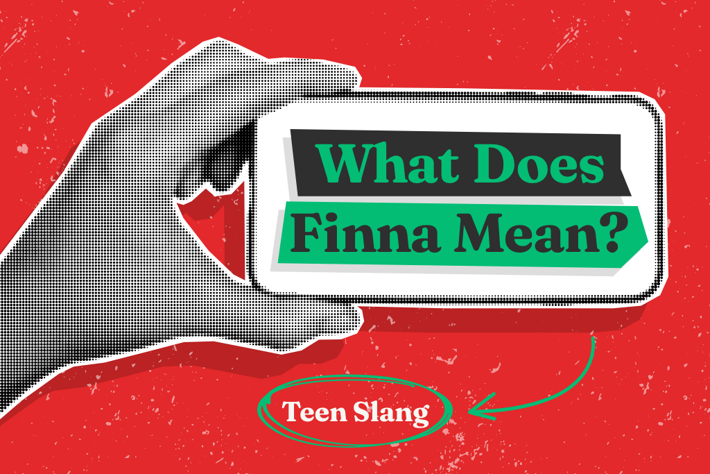 A black and white hand holds a phone in front of a red background with the text "What Does Finna Mean? on the screen.