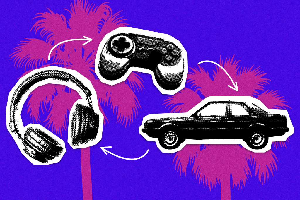 Illustration of a car, headphones, and a game controller.