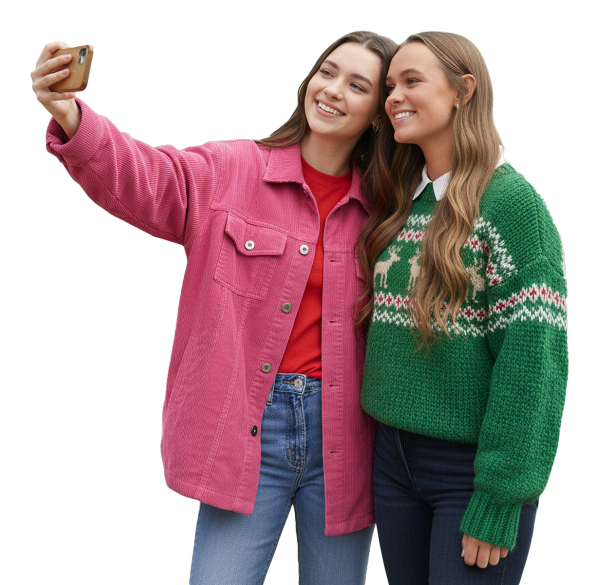 Friends in Christmas attire taking a selfie