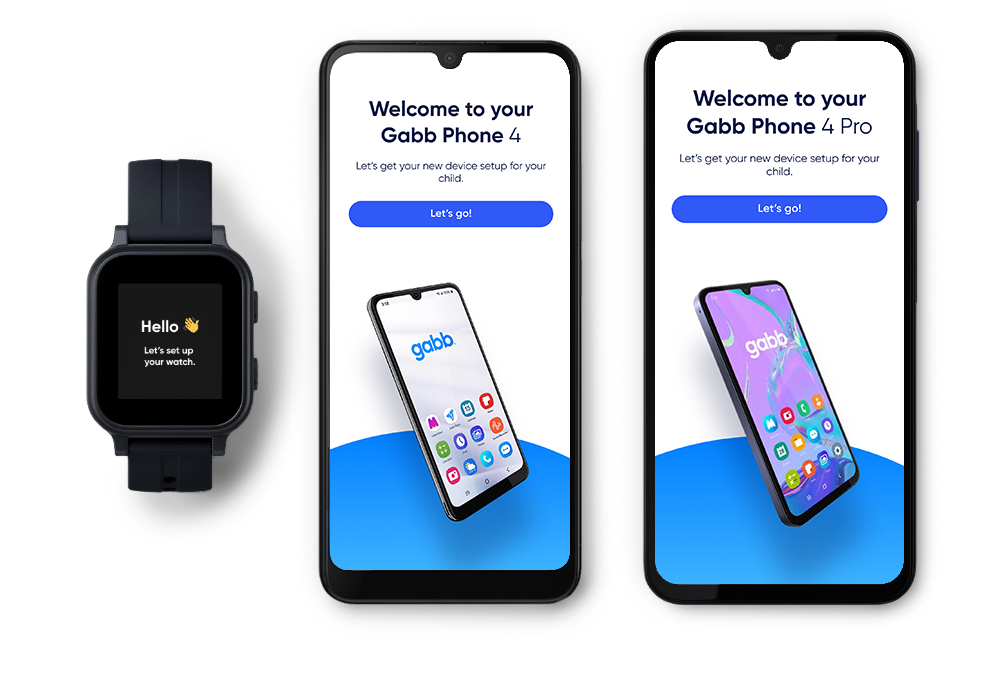 Device support on images of Gabb Phone 4 Pro and Gabb Watch 3e and Gabb Phone 4.