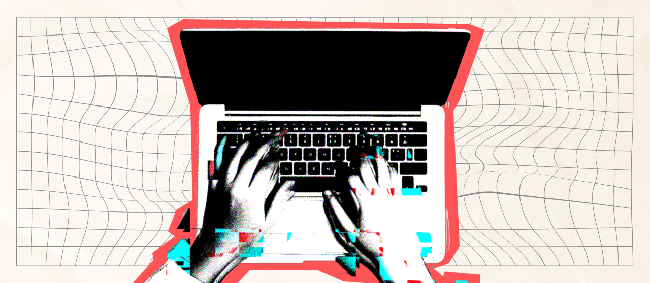 An illustration of a pair of hands typing on a laptop.