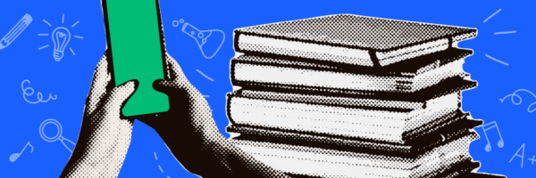 An illustration of a stack of books with a phone.