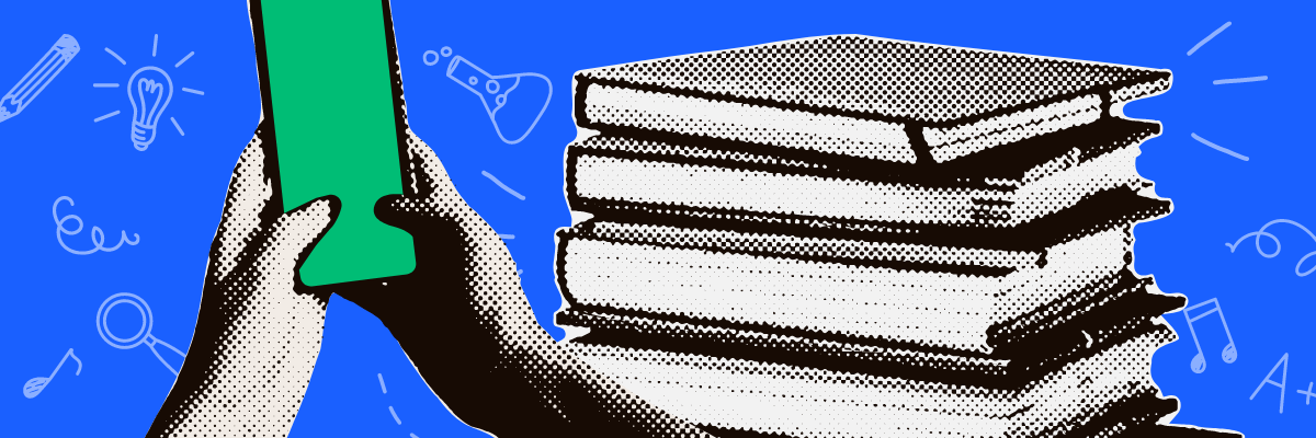 An illustration of a stack of books with a phone.