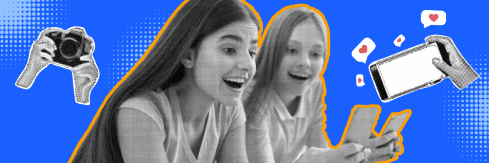 Two girls looking on their phones.