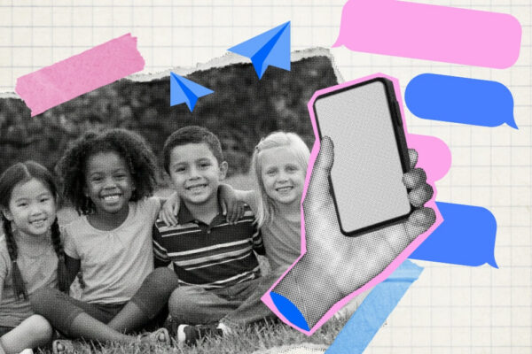 An illustration of a group of kids and a phone.