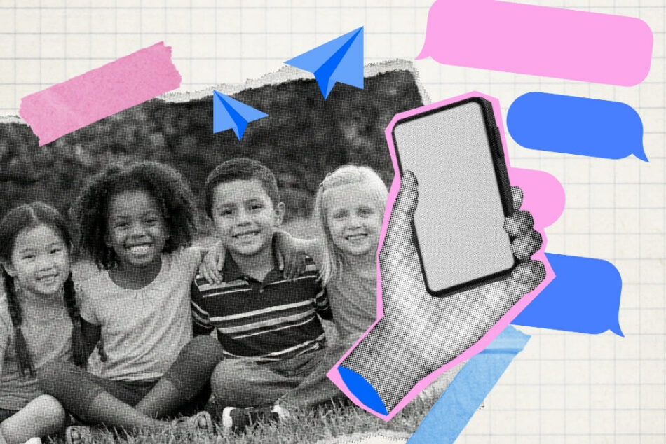 An illustration of a group of kids and a phone.