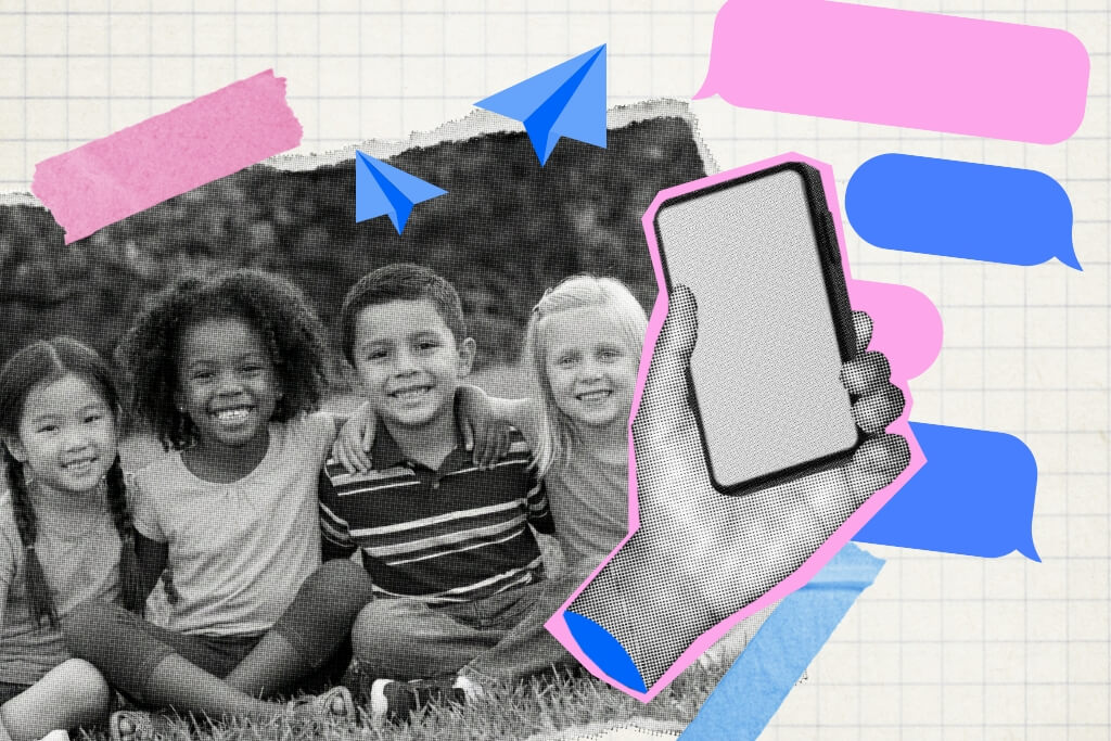 An illustration of a group of kids and a phone.
