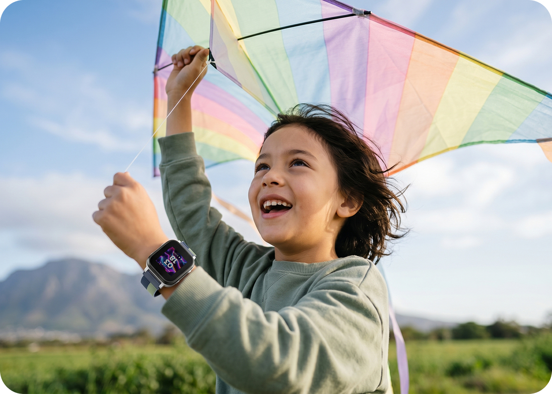 girl smiling and flying a kite