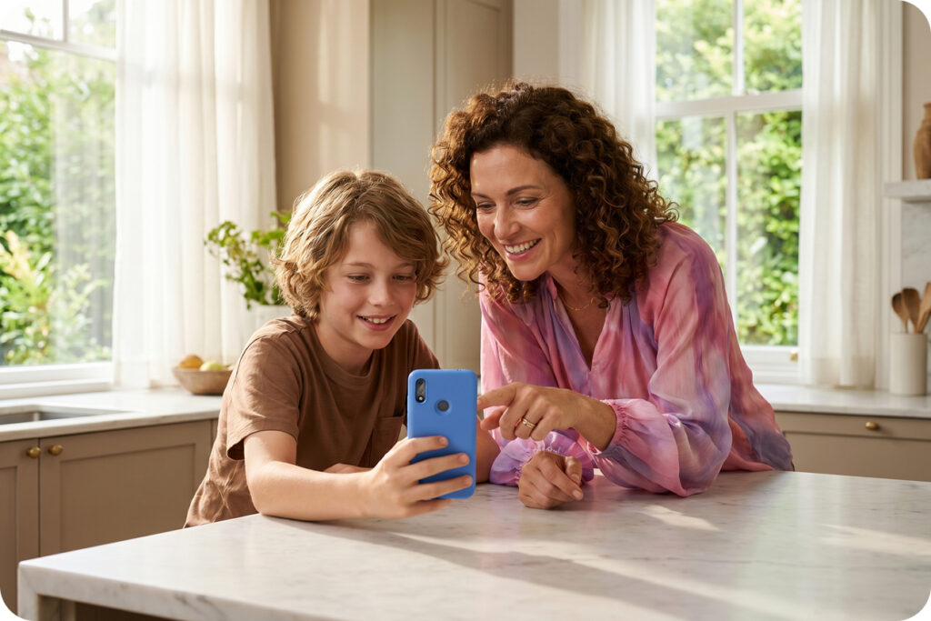 Mother and son looking at a phone smiling