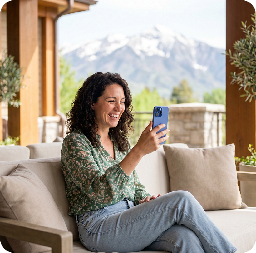 Mom looking at phone, smiling