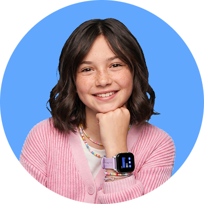 picture of a young girl smiling with a gabb watch on her wrist