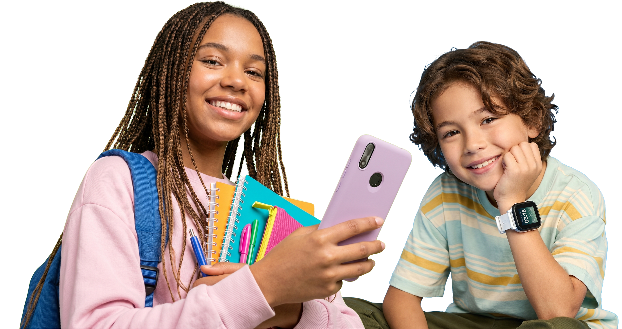 two kids while dressed for school showcasing a gabb phone 4 and a gabb watch 3e