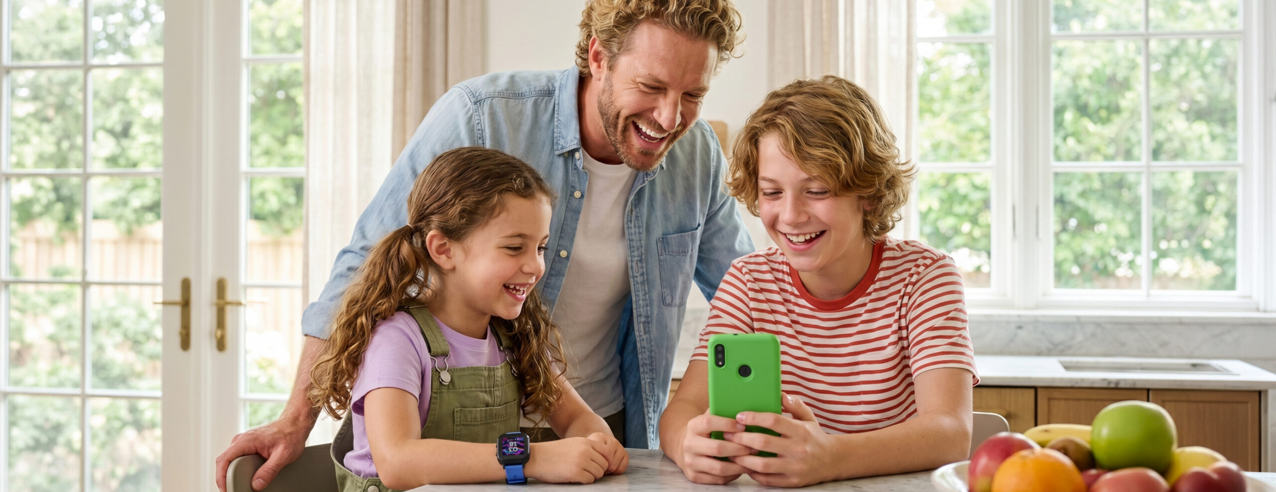 Father, son, and daughter looking at a phone smiling