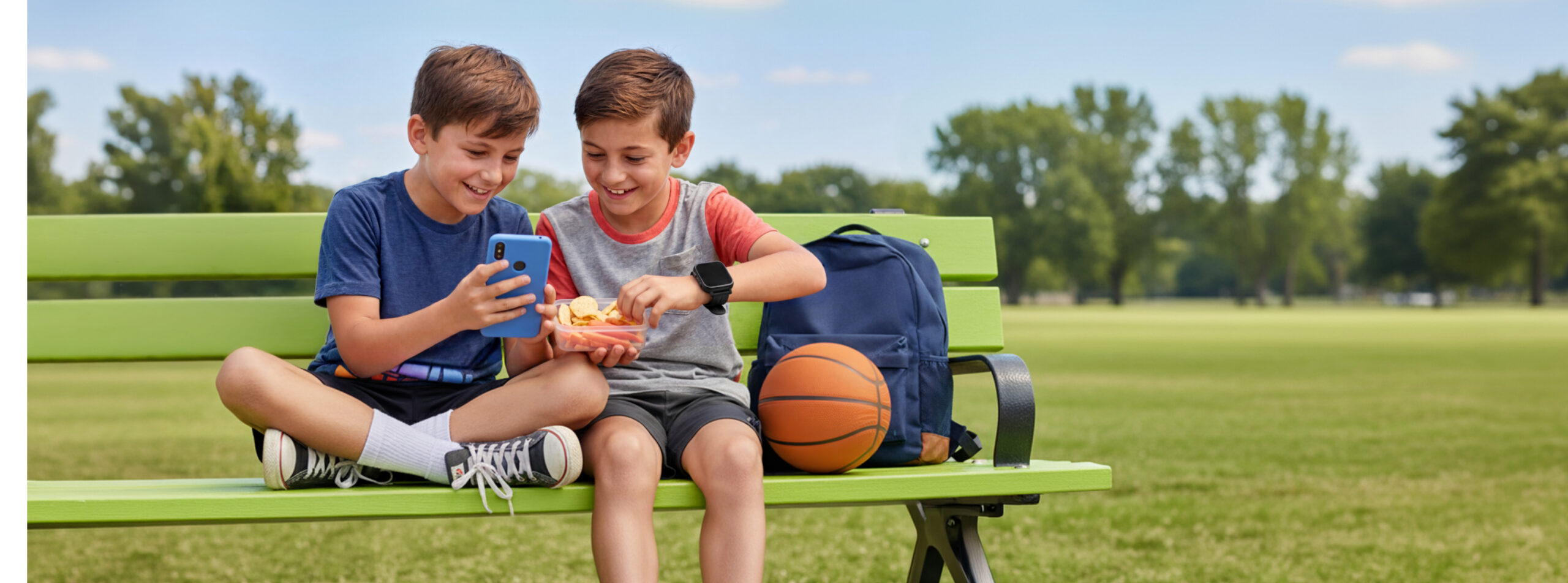Two boys sitting on a bench looking at a phone smiling