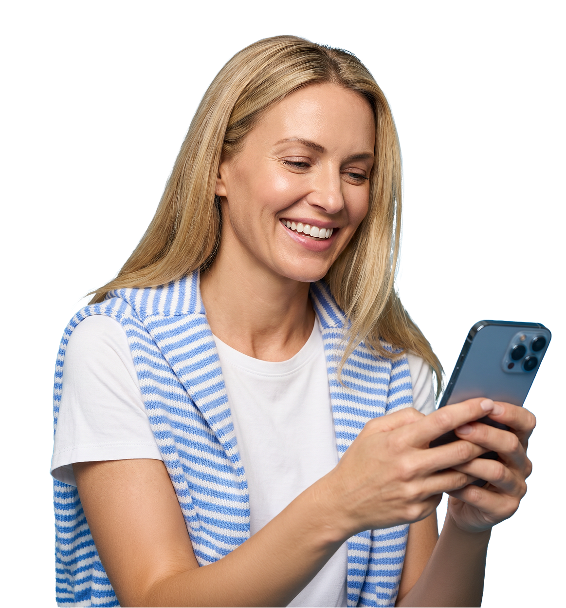 A mother looking at a phone smiling