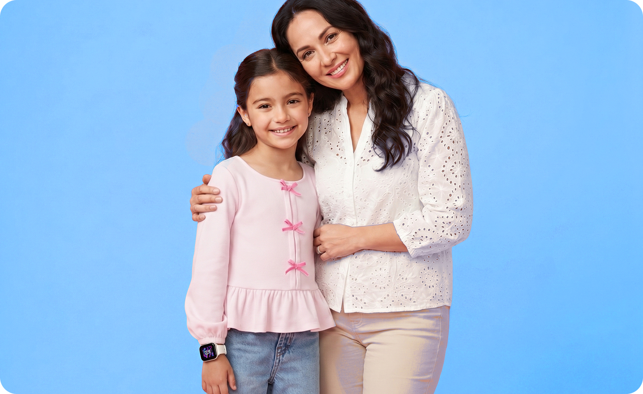 Mother standing with daughter who's wearing a Gabb Watch