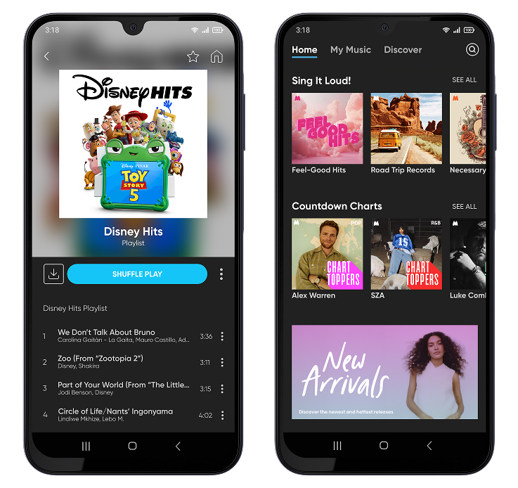 three phones showing three different screens within gabb music