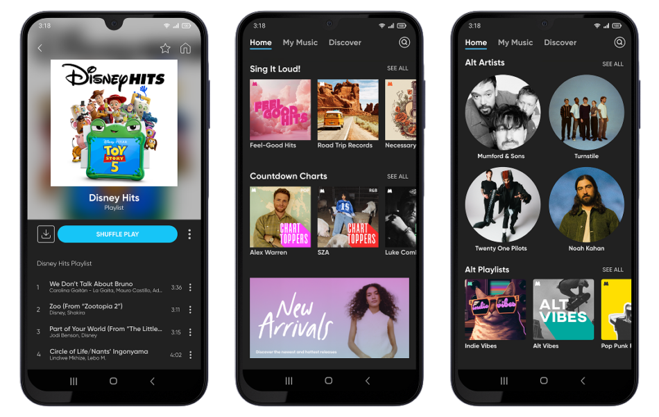 three phones showing three different screens within gabb music